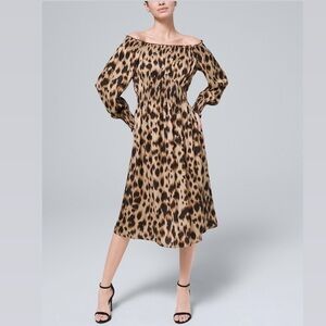 White House Black Market Leopard Print Smocked Waist Dress Long Sleeve Midi